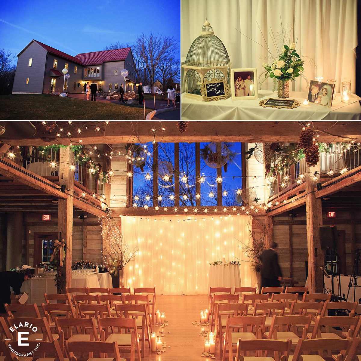 Three images showing a wedding at Pat's Barn: (1) Guests entering, (2) A decorated welcome table, (3) Setup for a ceremony inside of Pat's Barn�